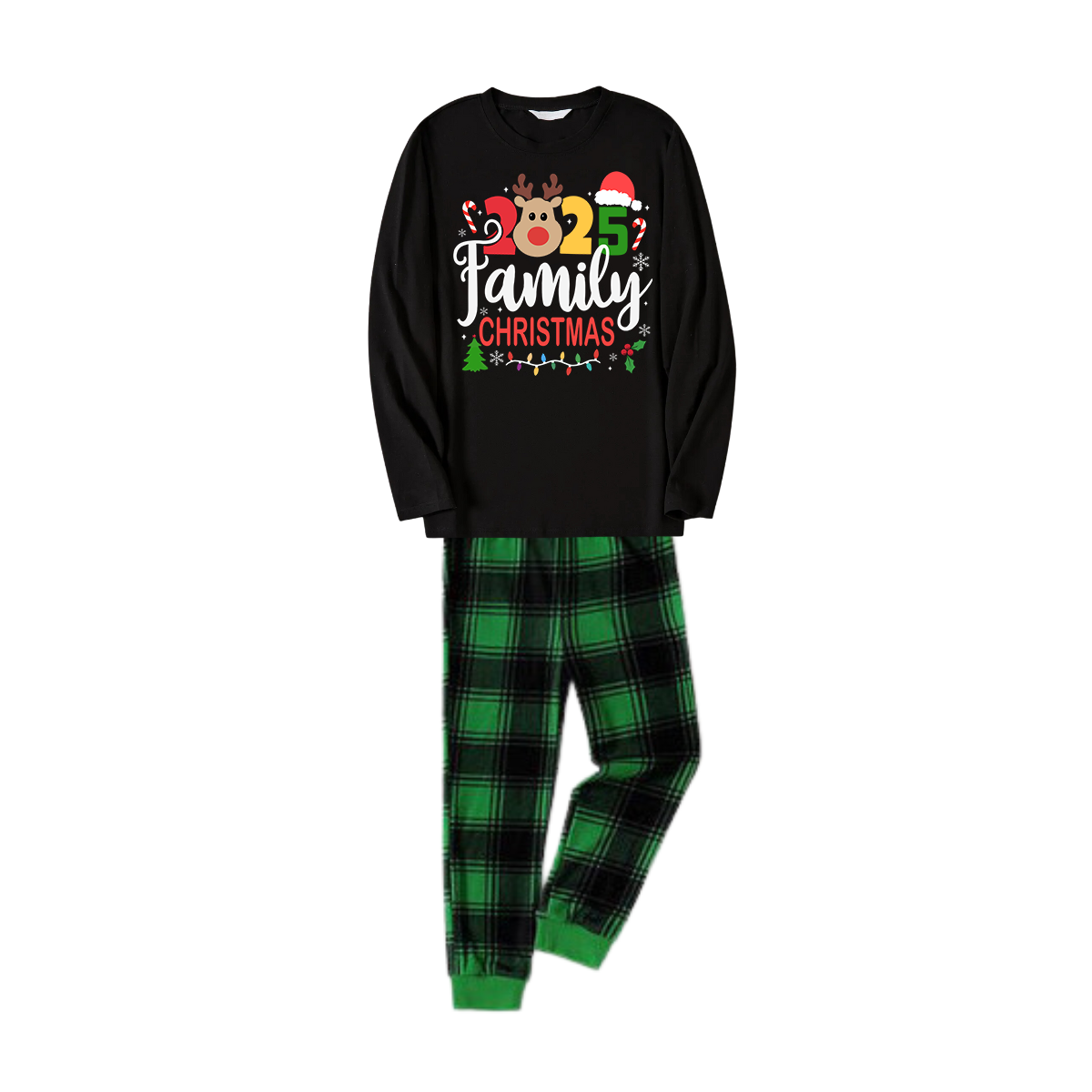 Cute Deer and "Family Christmas 2025" Print Black and Green Plaid Family Matching Pajamas