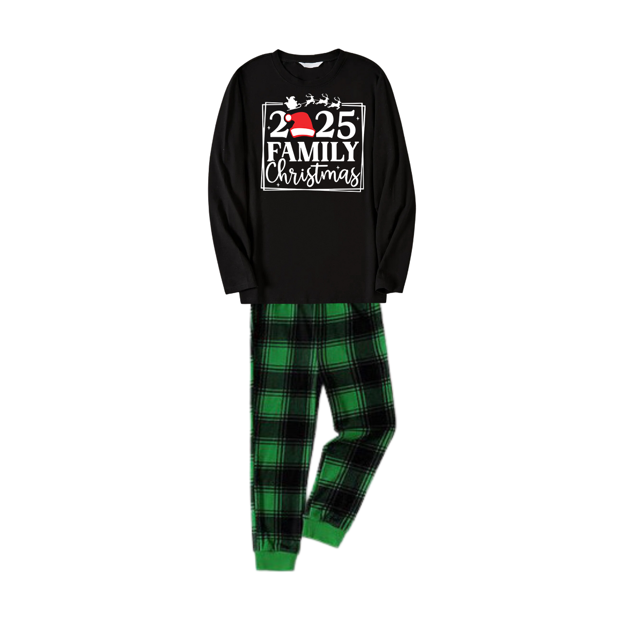 "Family Christmas 2025" Text Printed Black and Green Plaid Family Christmas Matching Pajamas