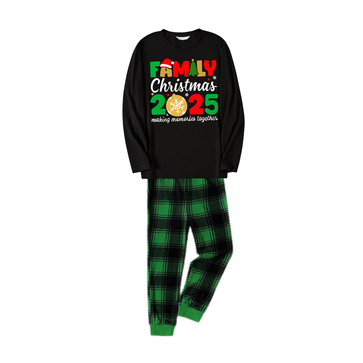 "Family Christmas 2025" Cute Pattern Printed Black and Green Plaid Family Matching Pajamas