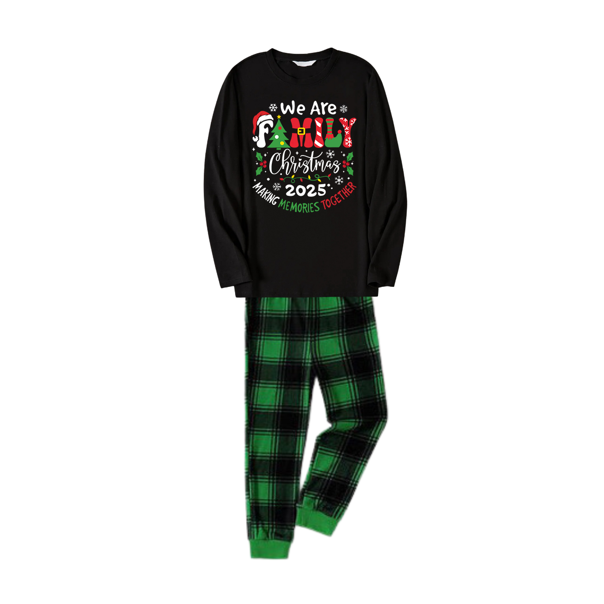 "We are Family" 2025 Christmas Wreath - Black Long Sleeve Top with Black And Green Plaid Pants Family Matching Pajamas