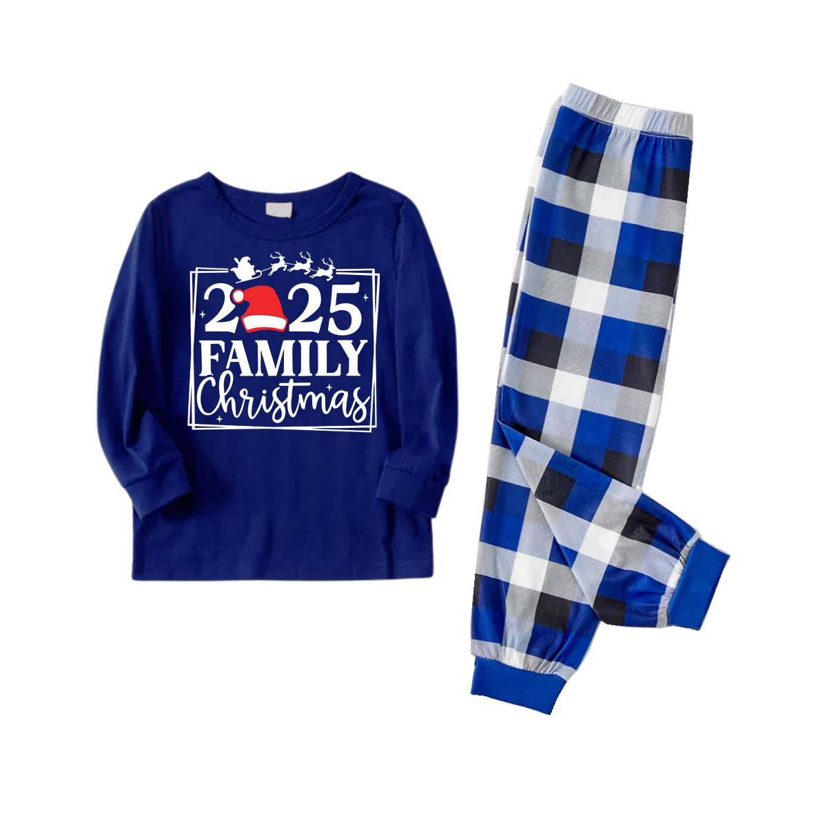 "2025 Family Christmas" Text and Reindeer Printed Blue and White Plaid Family Matching Pajamas