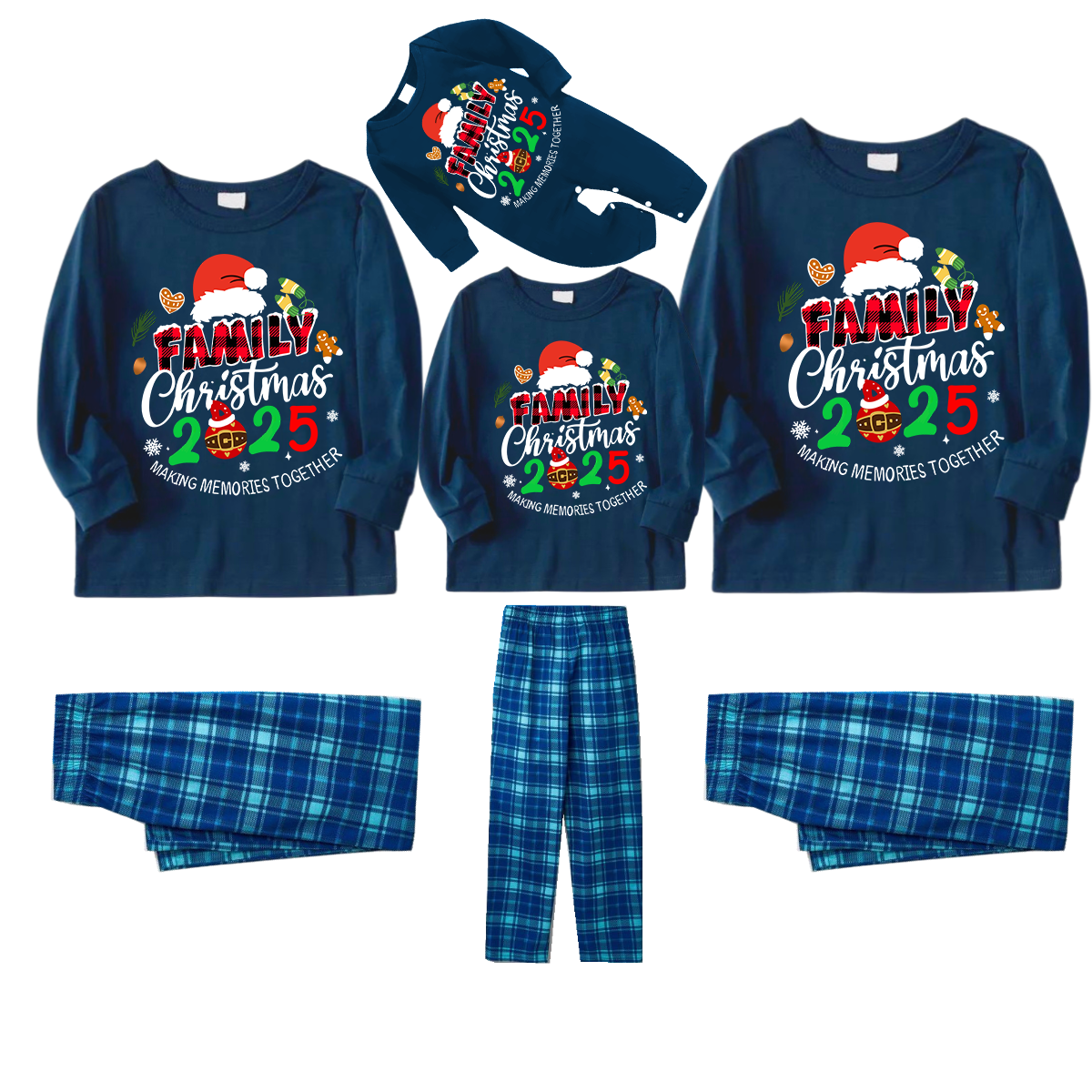 Family Christmas 2025 Making Memories Together Text Print Blue Long Sleeve Top With Blue Plaid Family Matching Pajamas