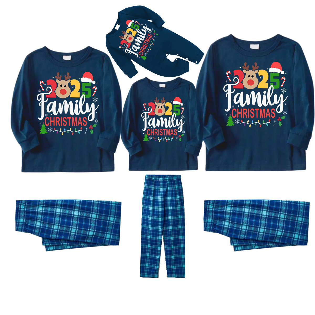"Family Christmas 2025" Text and Deer Prints Blue Long Sleeve Top With Blue Plaid Family Matching Pajamas