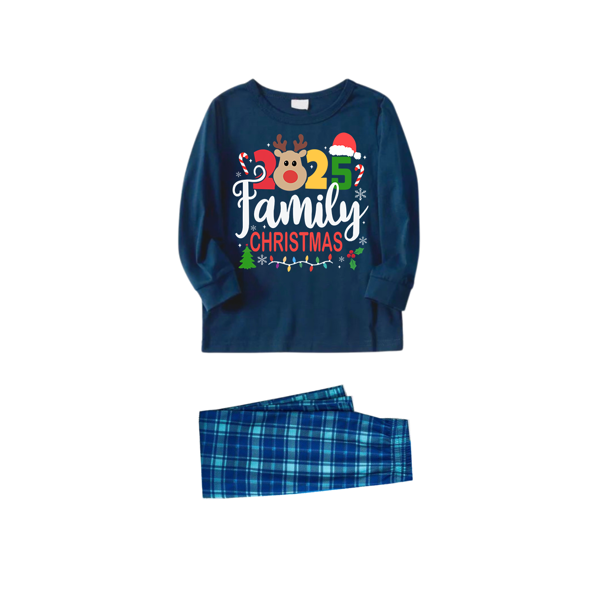 "Family Christmas 2025" Text and Deer Prints Blue Long Sleeve Top With Blue Plaid Family Matching Pajamas
