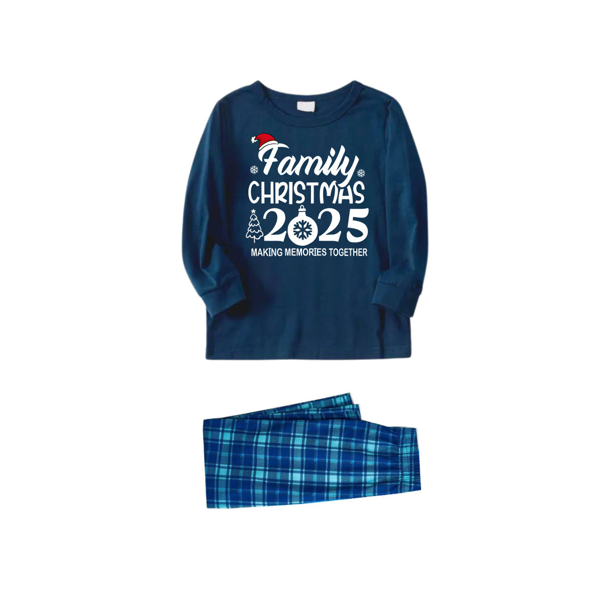 "Family Christmas 2025 " Text Print Blue Long Sleeve Top With Blue Plaid Family Matching Pajamas