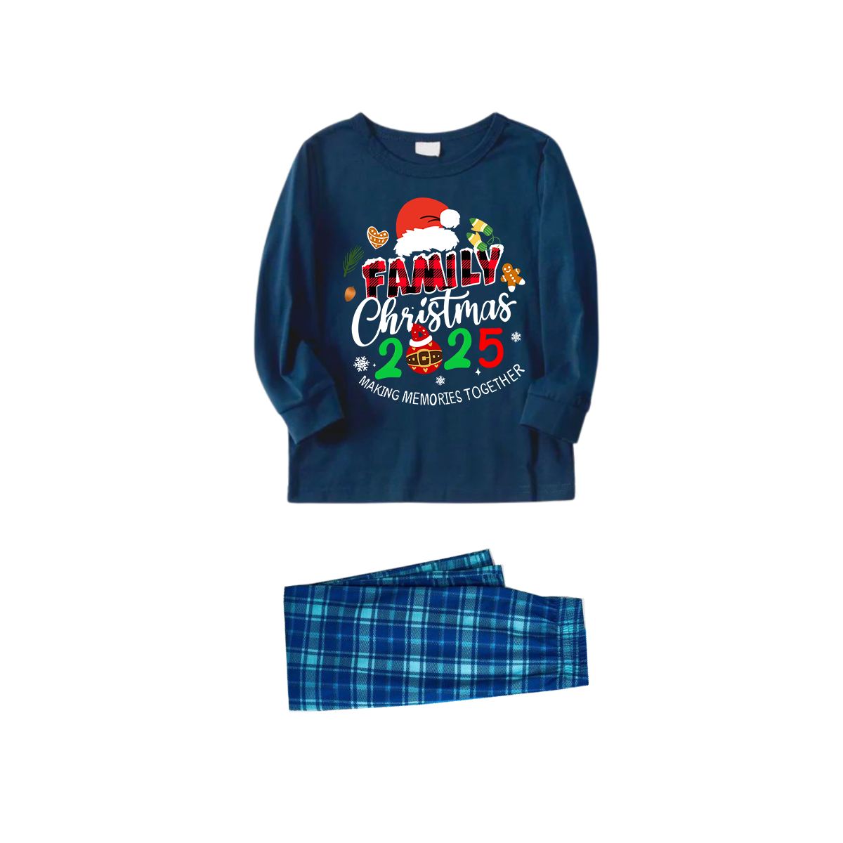 Family Christmas 2025 Making Memories Together Text Print Blue Long Sleeve Top With Blue Plaid Family Matching Pajamas