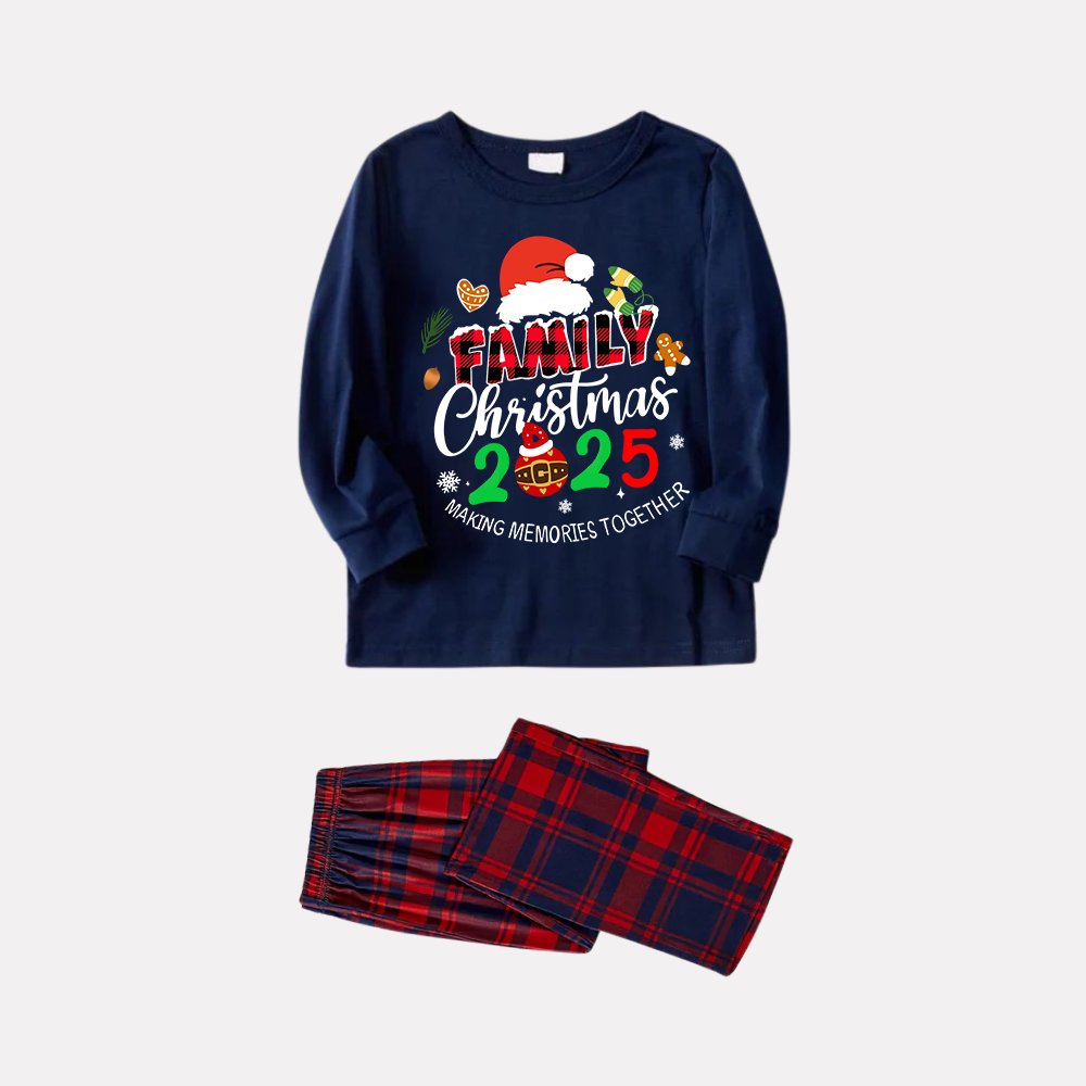 "Family Christmas 2025" Text and Santa Hat Prints Blue Long Sleeves Top with Red and Blue Plaid Pants Christmas Matching Pajamas