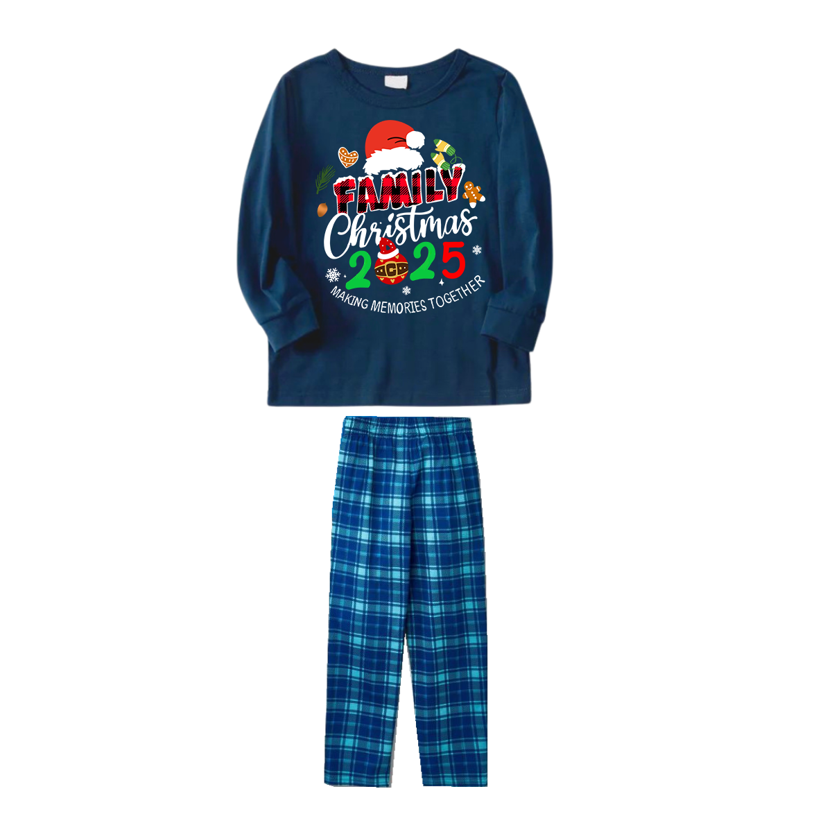 Family Christmas 2025 Making Memories Together Text Print Blue Long Sleeve Top With Blue Plaid Family Matching Pajamas