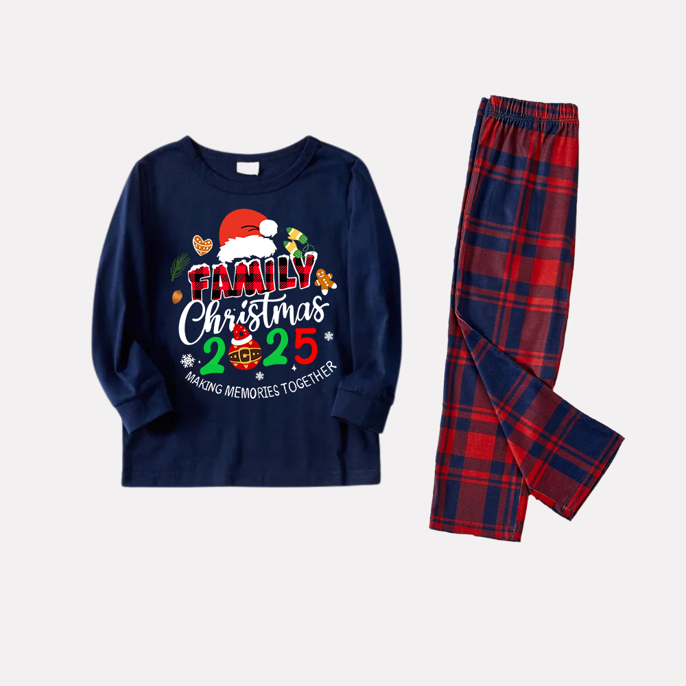 "Family Christmas 2025" Text and Santa Hat Prints Blue Long Sleeves Top with Red and Blue Plaid Pants Christmas Matching Pajamas