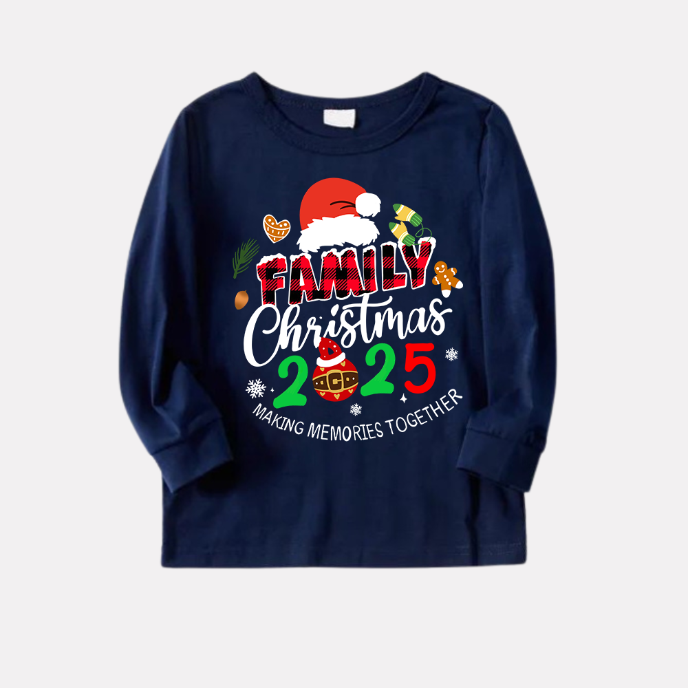 "Family Christmas 2025" Text and Santa Hat Prints Blue Long Sleeves Top with Red and Blue Plaid Pants Christmas Matching Pajamas