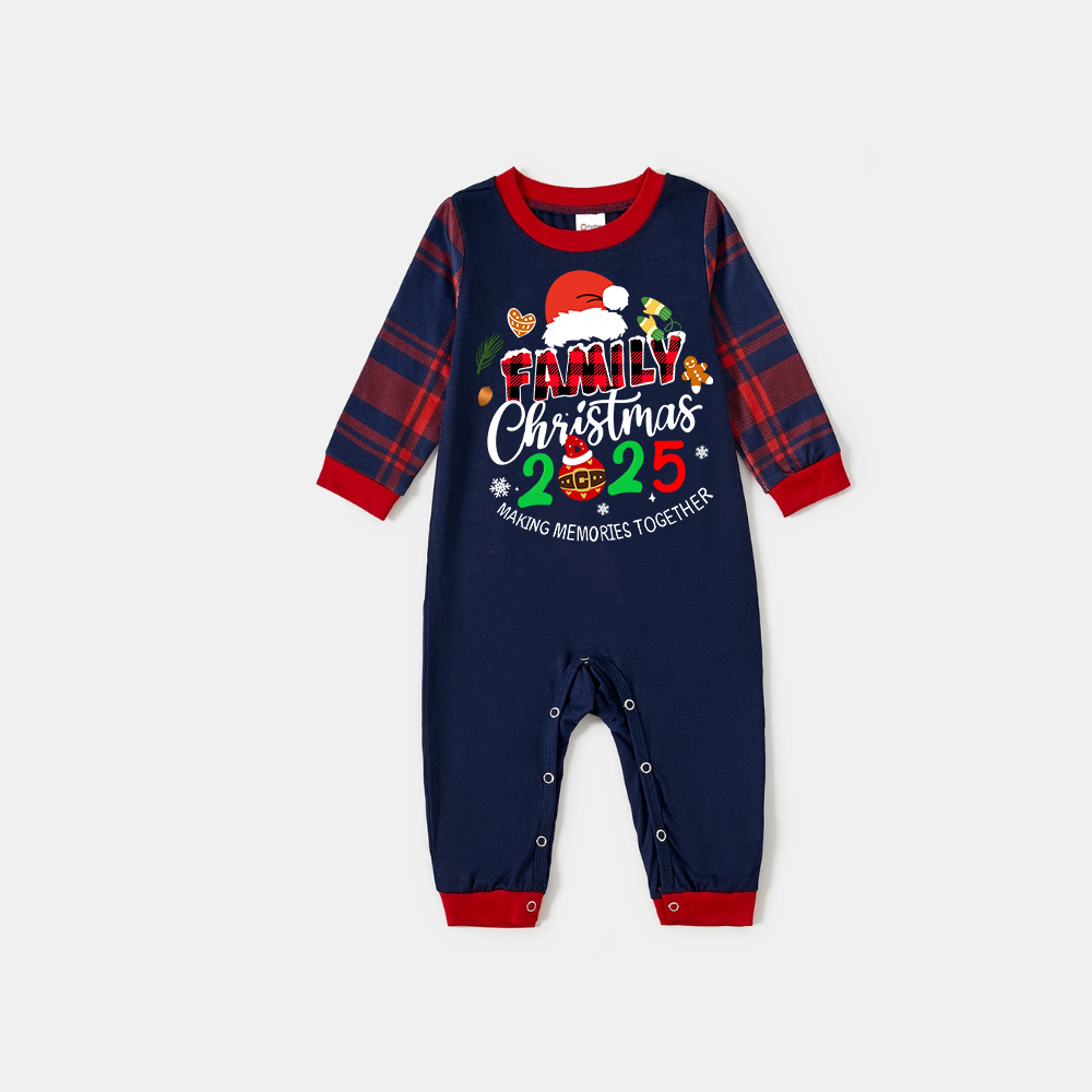 "Family Christmas 2025" Text and Santa Hat Prints Blue Long Sleeves Top with Red and Blue Plaid Pants Christmas Matching Pajamas