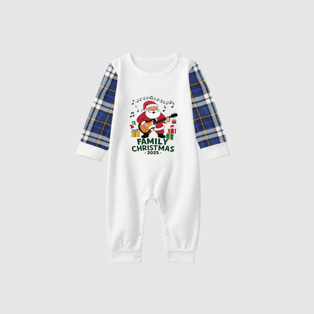 Christmas Family Matching Pajamas-Blue Raglan Top Blue Plaid Pants Pjs Set with Santa and "Merry Christmas" Print