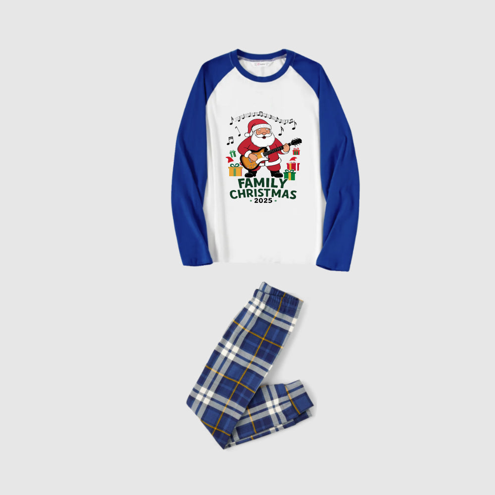 Christmas Family Matching Pajamas-Blue Raglan Top Blue Plaid Pants Pjs Set with Santa and "Merry Christmas" Print