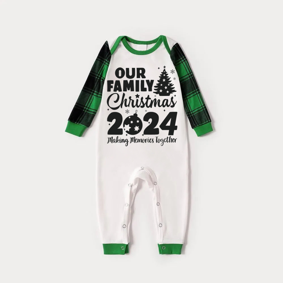 Christmas Tree & "2024 Making Memories Together" Patterned Green Sleeve Contrast Tops and Black and Green Plaid Pants Family Matching Raglan Long-sleeve Pajamas Sets With Dog Bandana