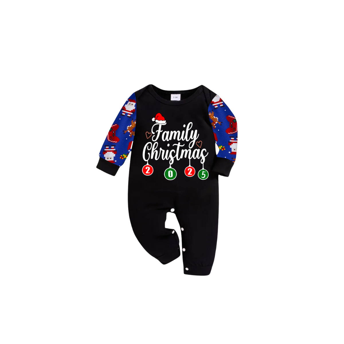 Family Christmas 2025 Pajamas Set - Black Top / Blue Santa & Reindeer Print Sleeves & Pants