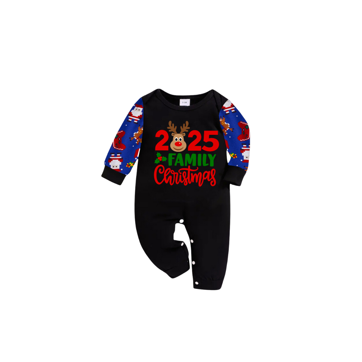 2025 Reindeer Family Christmas Family Pajamas Set - Black Top / Blue Santa Print Pants / Blue Santa Print Sleeves