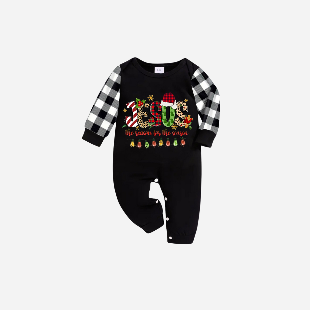 Jesus the Reason for the Season Family Christmas Pajamas Set - Black Top with Black and White Plaid Pants