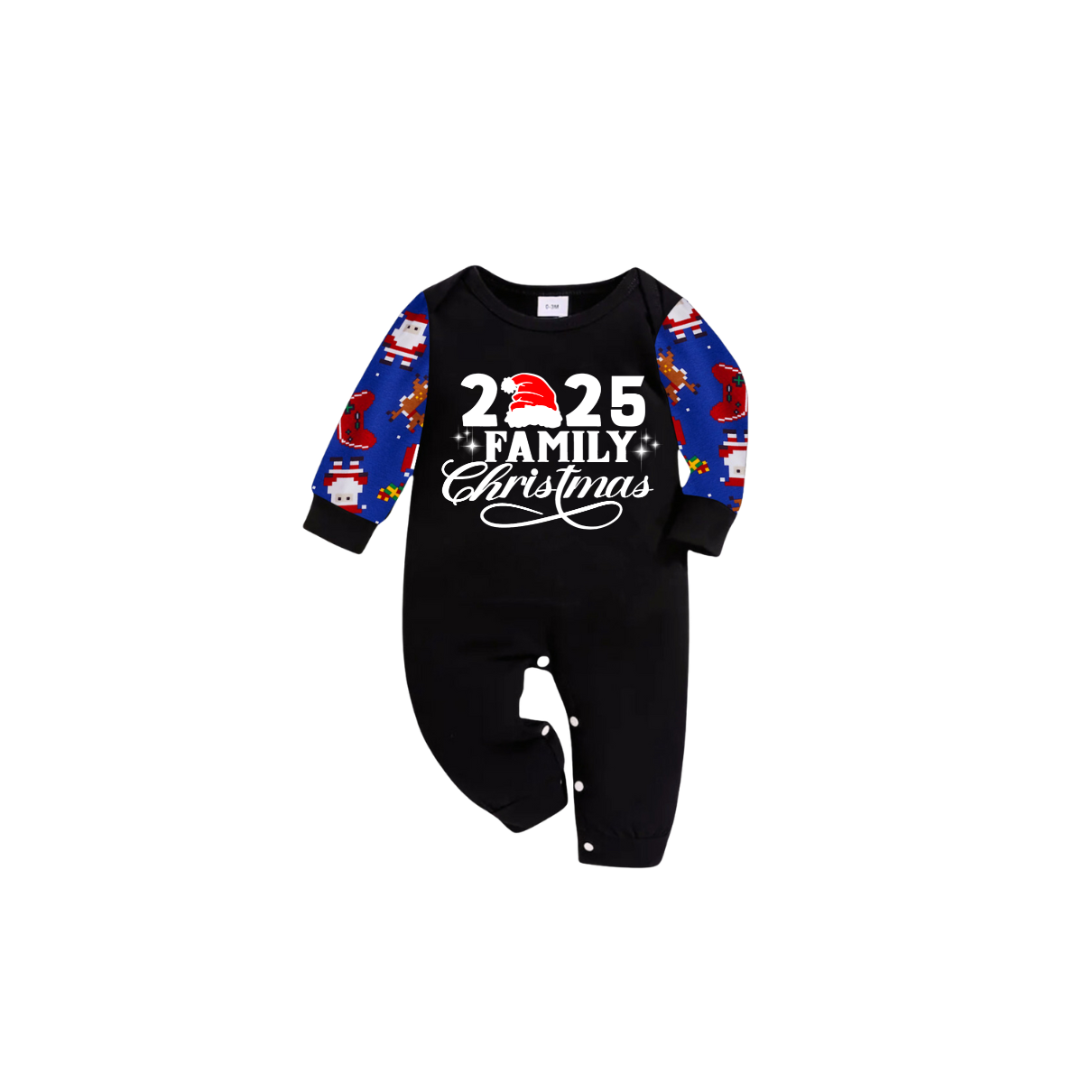 Christmas 2025 Santa Family Matching Family Pajamas Set - Black Top, Blue Pants, Santa Print Pattern