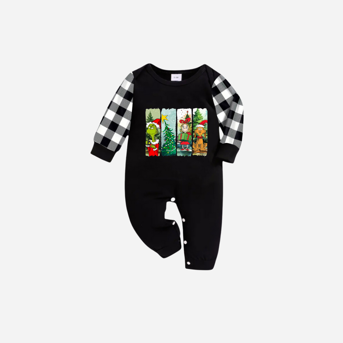 Christmas Cartoon Family Christmas Pajamas Set - Black Top with Black and White Plaid Pants