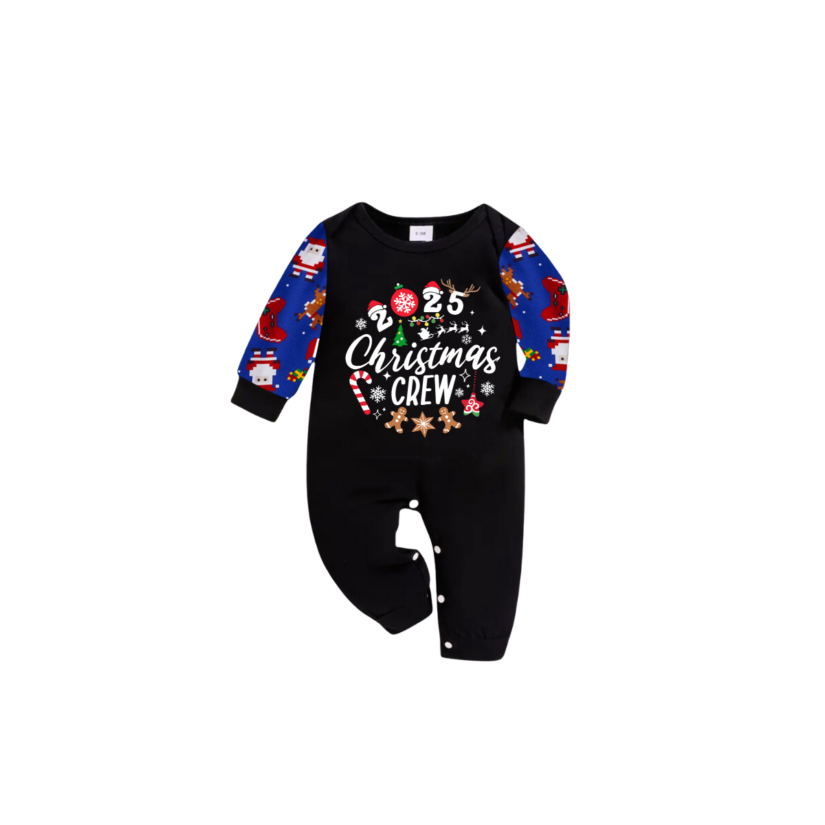 Christmas Crew 2025 Family Pajamas Set - Black Top, Blue Pants, Blue Christmas Cartoon Sleeves, Gingerbread Candy Print