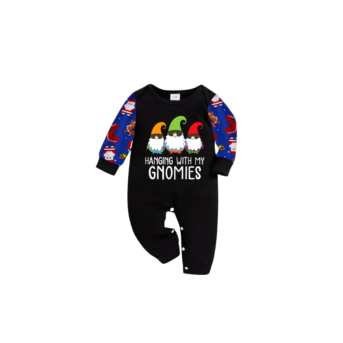 Hanging With My Gnomies Christmas 2025 Family Pajamas Set - Black Top, Blue Pants, Blue Christmas Cartoon Sleeves