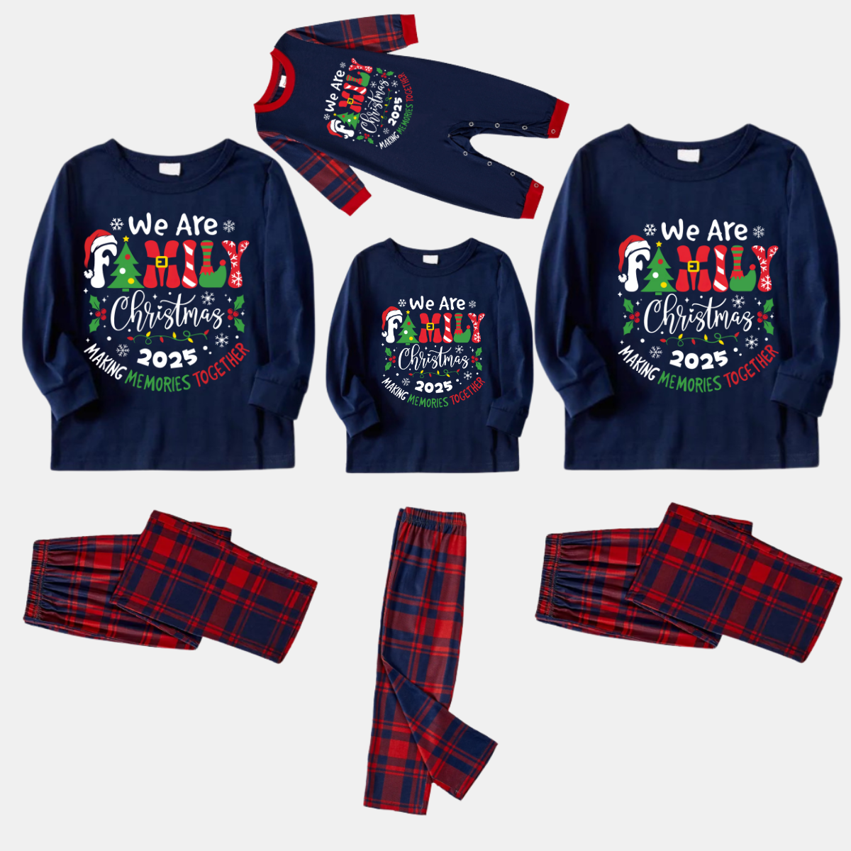 "We are Family" 2025 Christmas Wreath - Blue Long Sleeve Top with Blue & Red Plaid Family Matching Pajamas