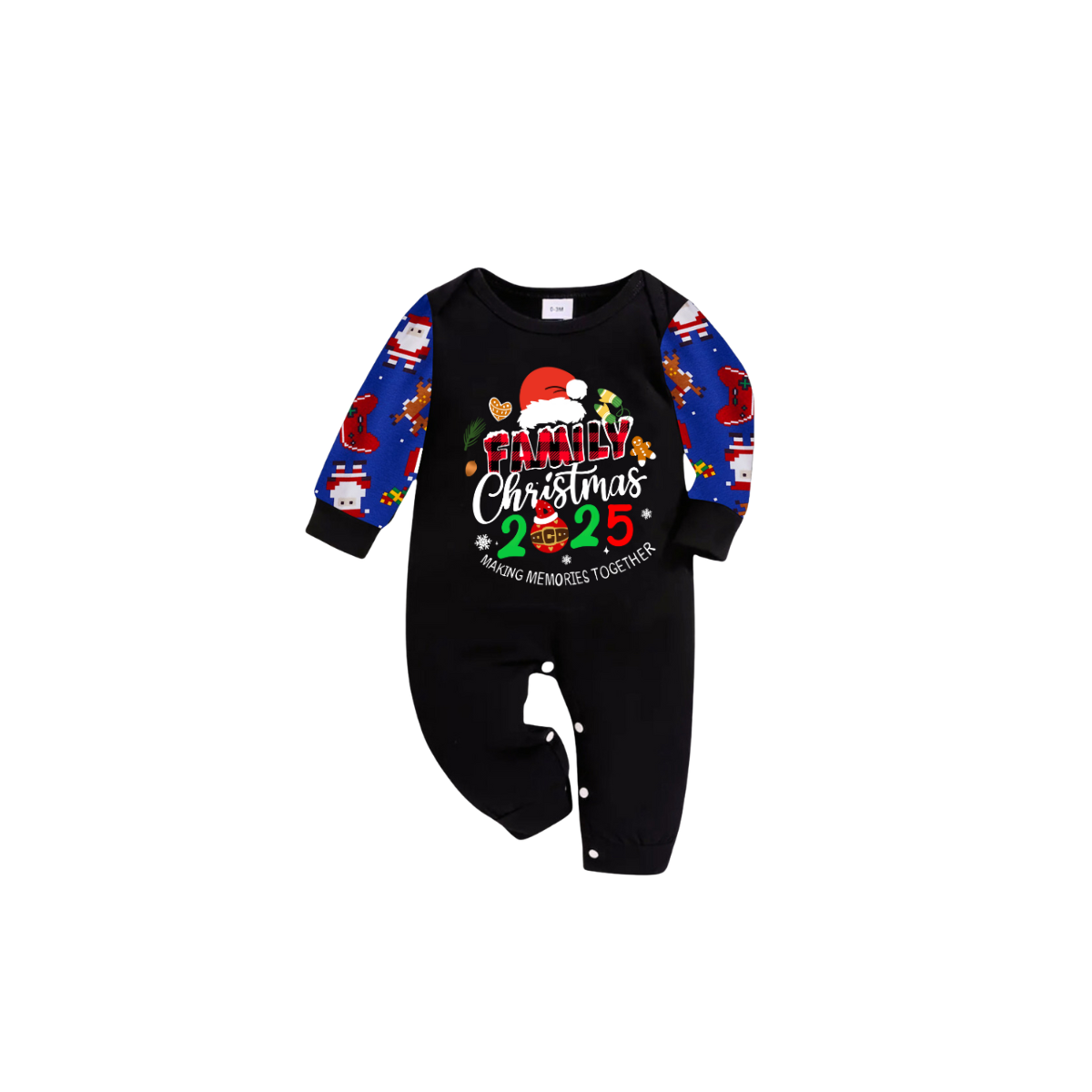 Merry Christmas 2025 Making Memories Family Pajamas Set - Black Top, Blue Pants, Christmas Cartoon Sleeves, Santa & Gingerbread Print