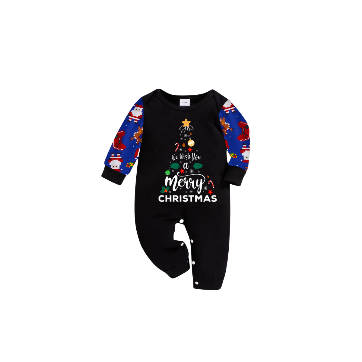 We Wish You a Merry Christmas Family Pajamas Set - Black Top / Blue Santa Print Pants / Blue Santa Print Sleeves