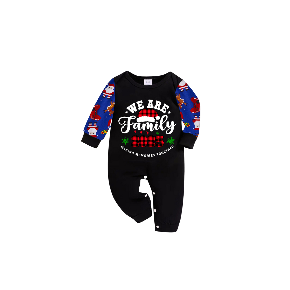 2025 We Are Family Christmas Family Pajamas Set - Black Top / Blue Santa Print Pants / Blue Santa Print Sleeves