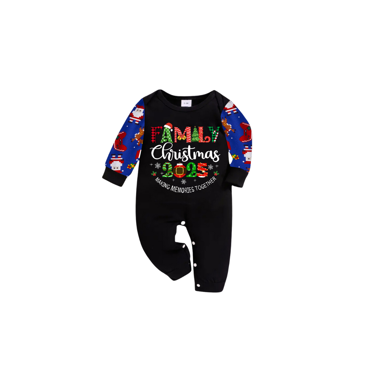 Family Christmas 2025 Making Memories Family Pajamas Set - Black Top, Blue Pants, Blue Christmas Cartoon Sleeves