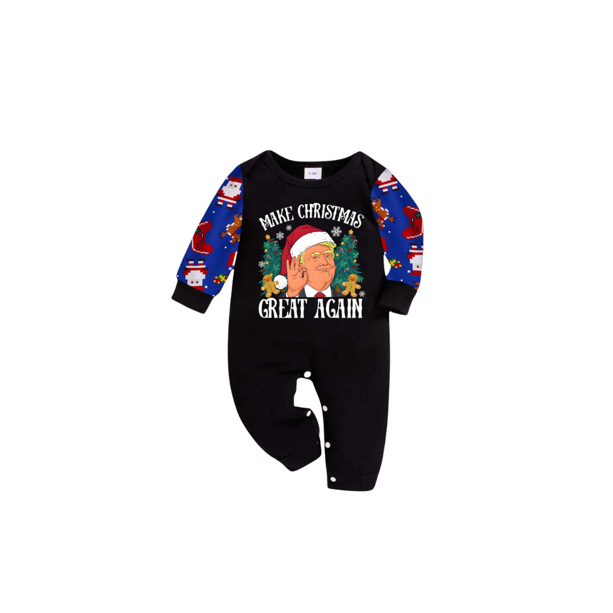 Christmas Cartoon Trump Make Christmas Great Again Family Pajamas Set - Black Top, Blue Pants, Santa Pattern