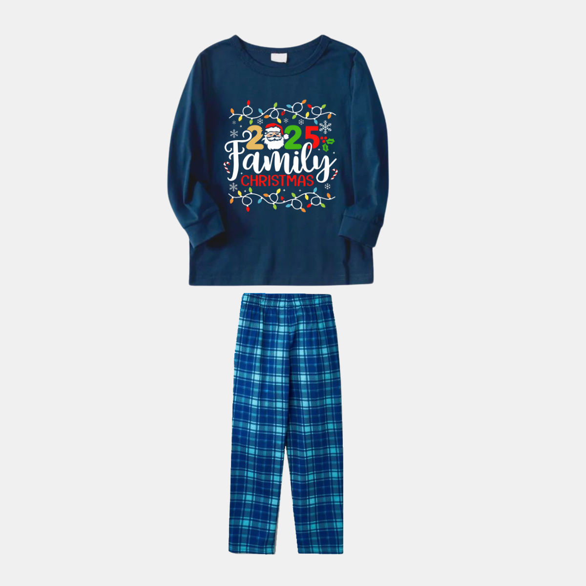 Navy & Sky Blue Plaid Christmas Pajamas Set With Christmas Light and "2025 Family Christmas" Text Print