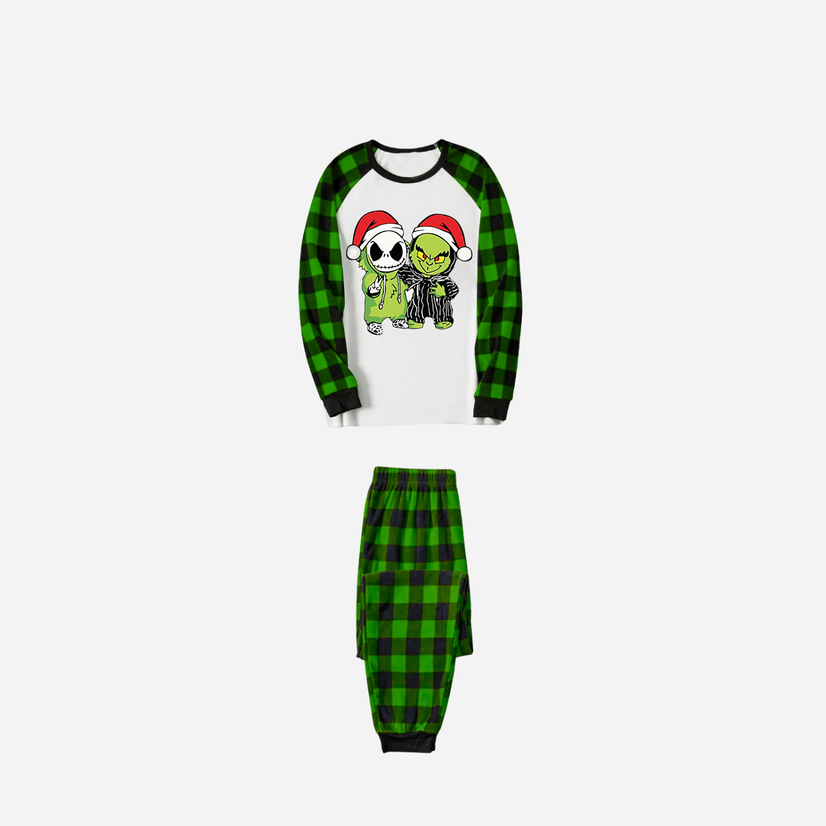 Green Plaid Raglan Top Christmas Pajamas Set With Grinch and Cartoon Pattern Print