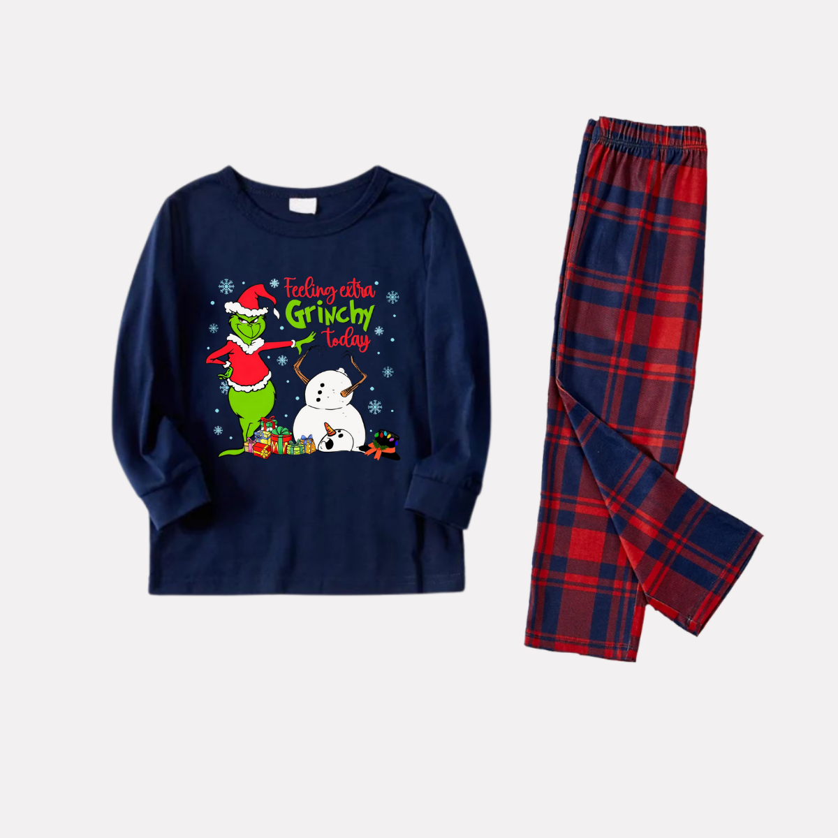 Navy & Red Plaid Christmas Pajamas Set With Grinch and Snowman Print