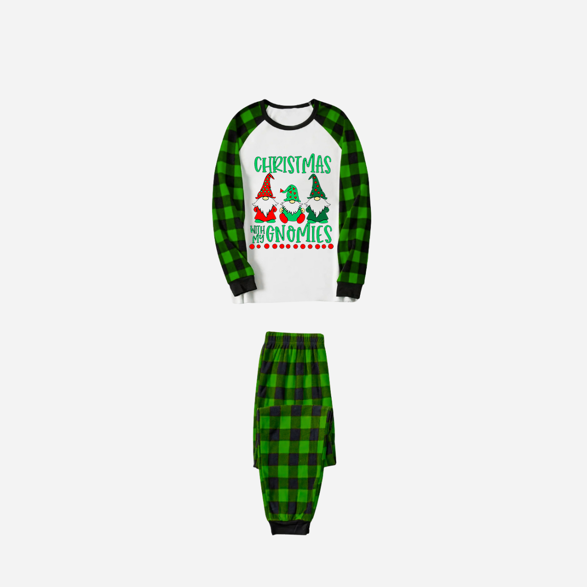 Green Plaid Raglan Top Christmas Pajamas Set With "Christmas With My Gnomies" Text Print