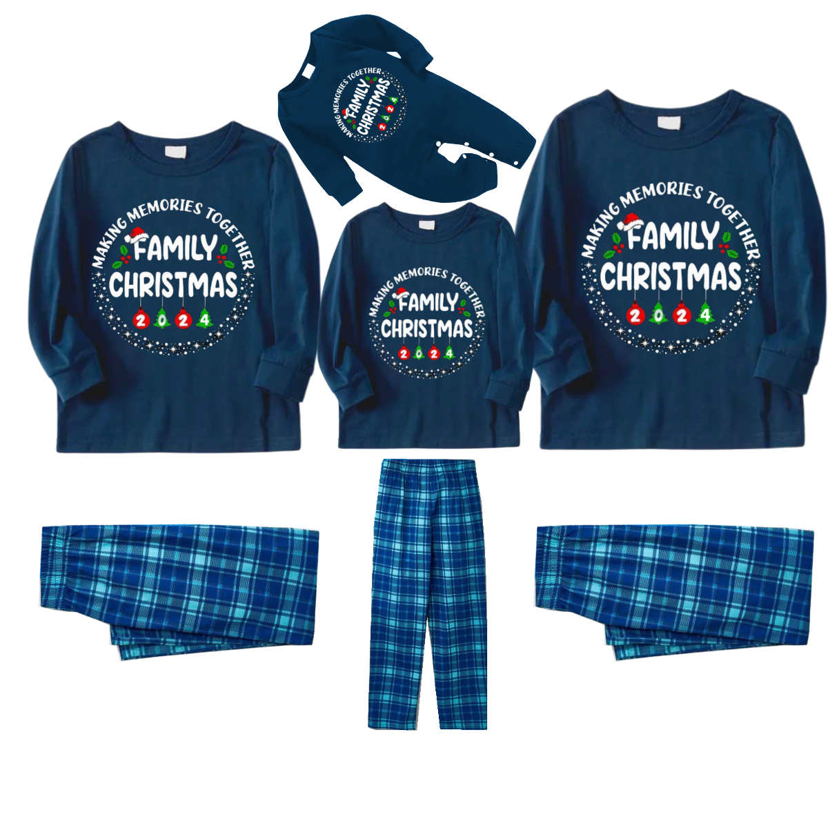 "MAKING MEMORIES TOGETHER FAMILY CHRISTMAS 2024" Text Pattern - Blue Long Sleeve Top With Blue Plaid Family Matching Pajamas