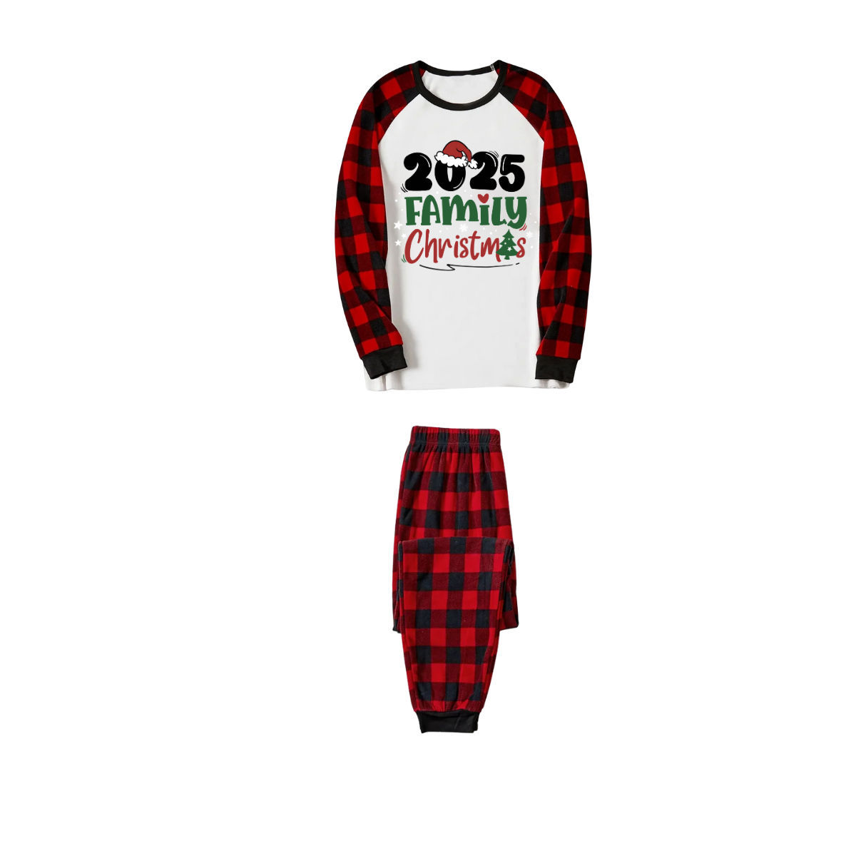 Merry Christmas 2025 Family Pajamas Set - White Top, Red & Black Plaid Pants, Red & Black Plaid Sleeves, Santa Hat & Christmas Tree Print