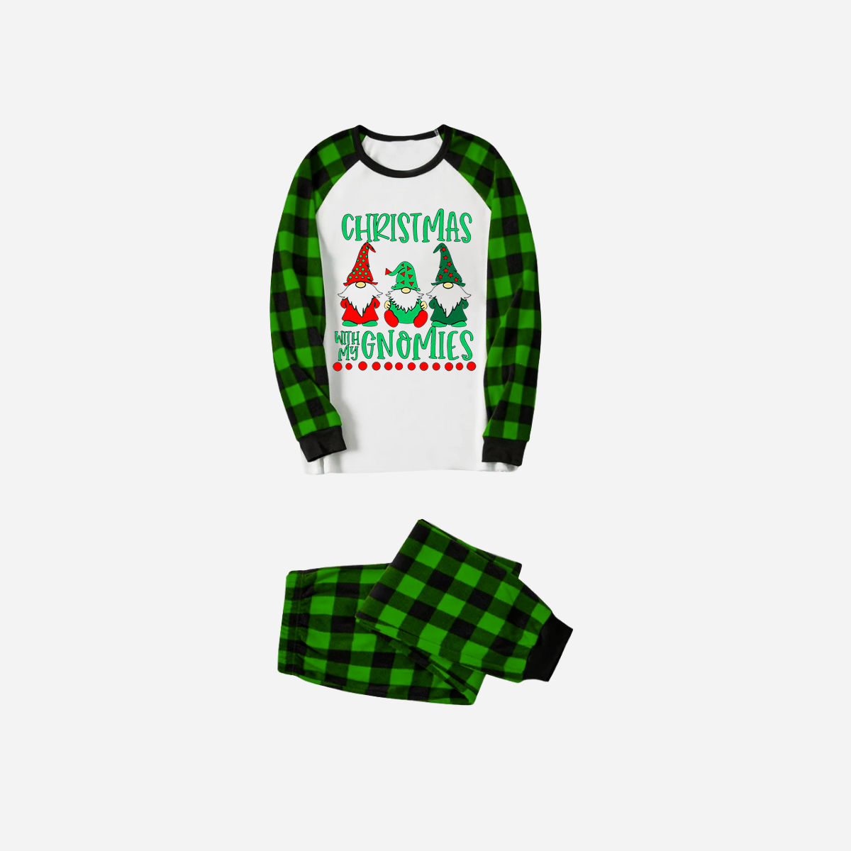 Green Plaid Raglan Top Christmas Pajamas Set With "Christmas With My Gnomies" Text Print