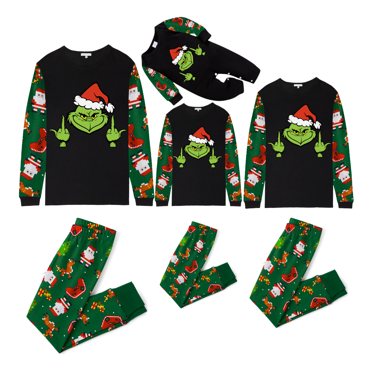 Grinch Santa Family Christmas Pajamas Black Top with Green Santa Print Pants