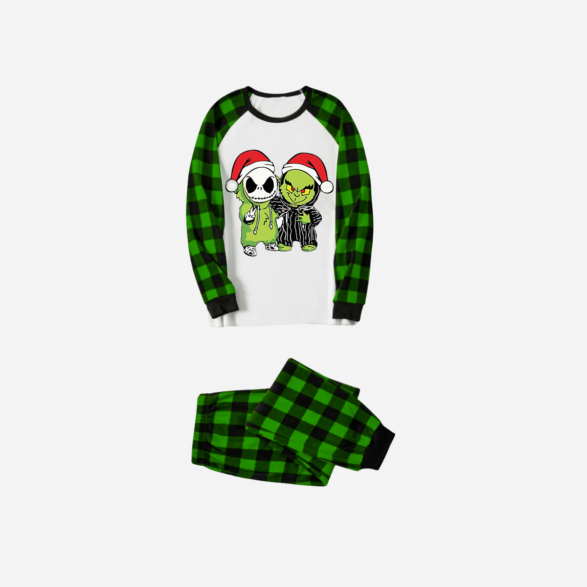 Green Plaid Raglan Top Christmas Pajamas Set With Grinch and Cartoon Pattern Print