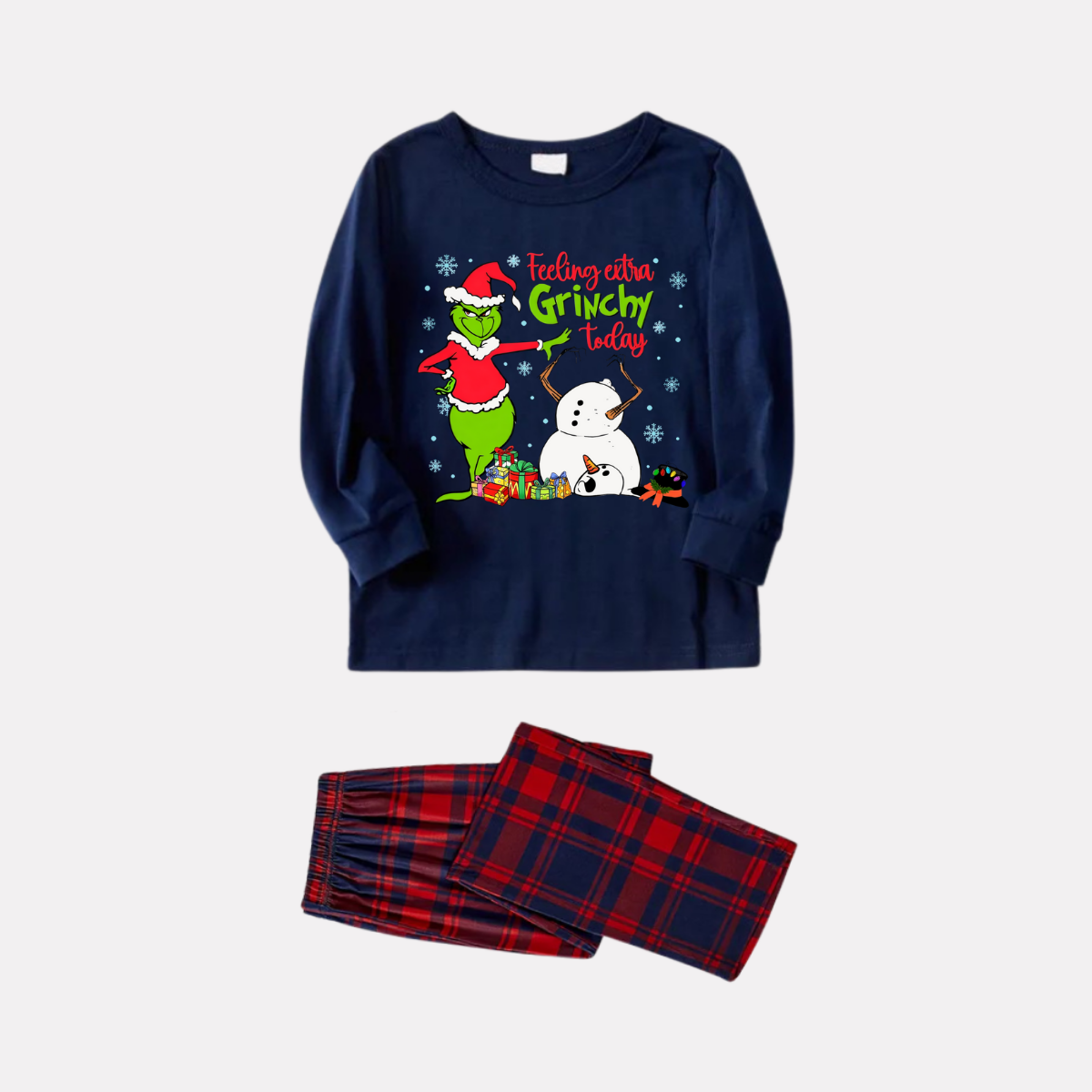 Navy & Red Plaid Christmas Pajamas Set With Grinch and Snowman Print