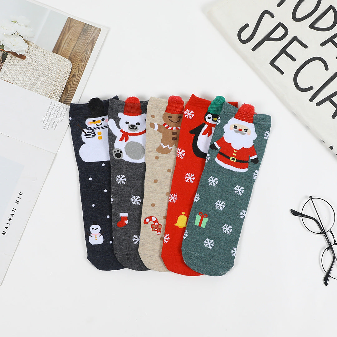 Christmas New Year Casual Santa Polar Bear Penguin Gingerbread Man Snowman Snowflake Cotton Socks 5Pairs