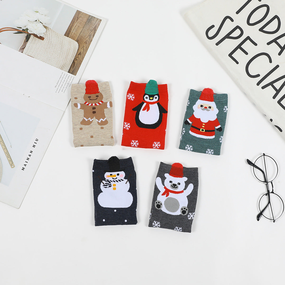 Christmas New Year Casual Santa Polar Bear Penguin Gingerbread Man Snowman Snowflake Cotton Socks 5Pairs