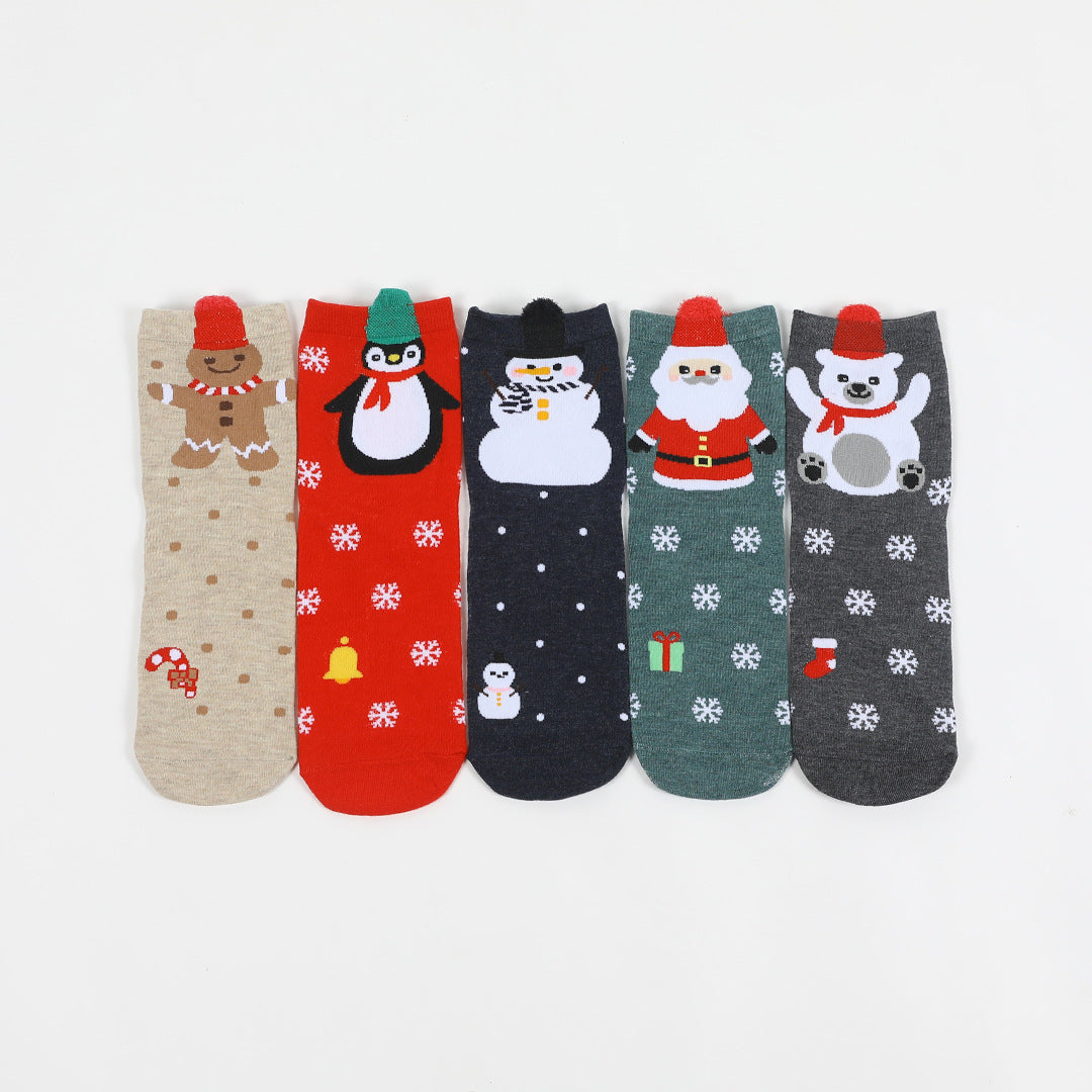Christmas New Year Casual Santa Polar Bear Penguin Gingerbread Man Snowman Snowflake Cotton Socks 5Pairs