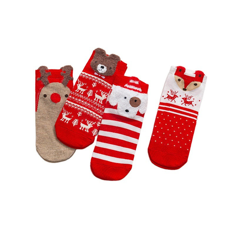 Christmas Cartoon Santa Elk Bear Fox Snowman Short Cotton Socks 4Pairs