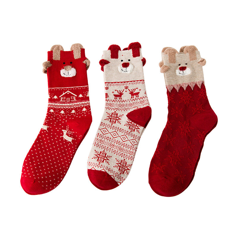 Women Christmas Socks Cute Cartoon Elk Socks 3 Pairs EJ518