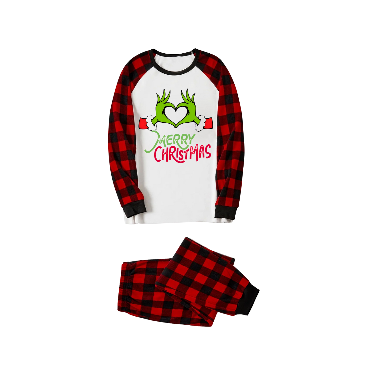 Merry Christmas 2025 Making Memories Family Pajamas Set - White Top, Red Pants, Red Buffalo Plaid Sleeves