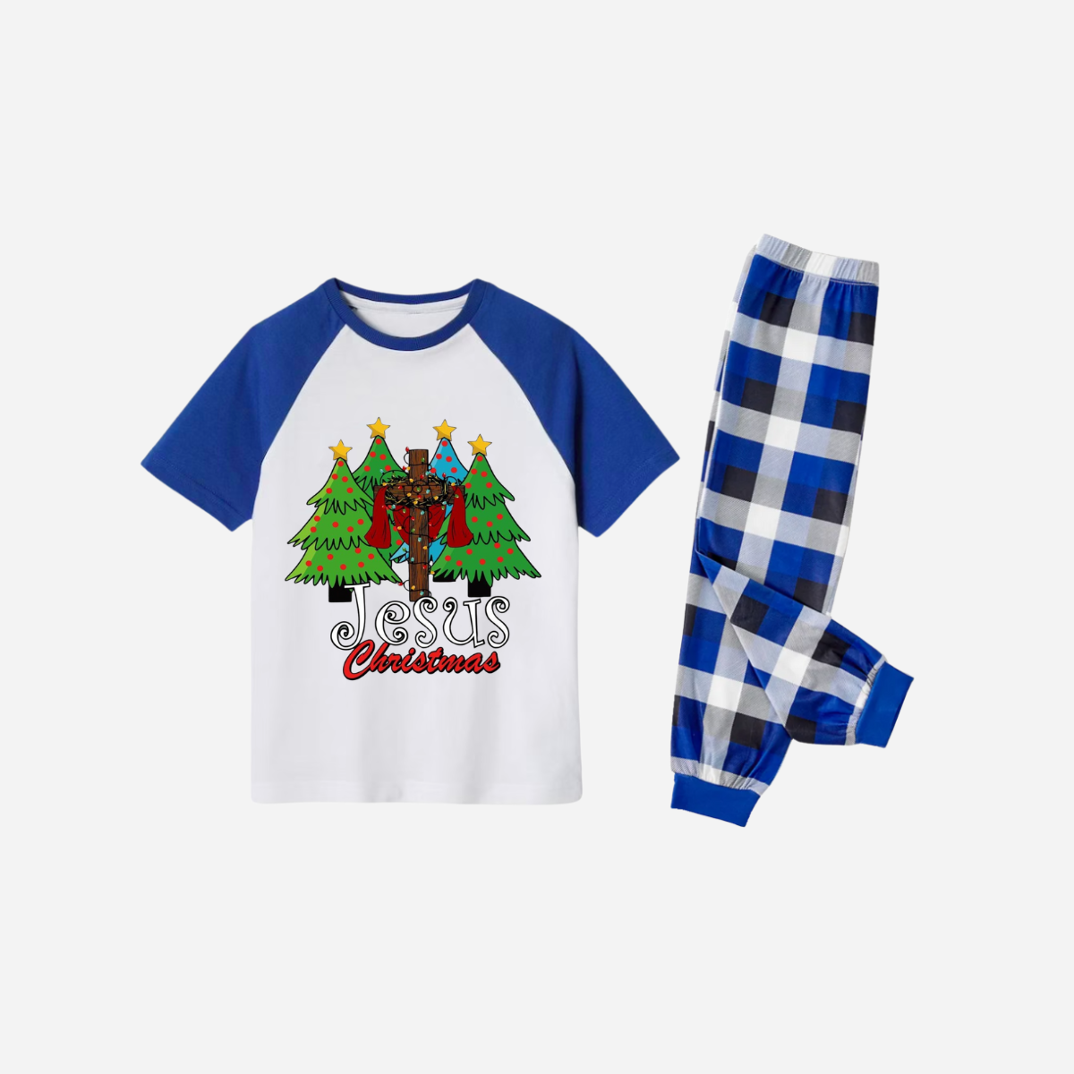 Jesus Christmas Family Matching Pajamas Set - White Top with Blue Sleeves and Blue Plaid Pants