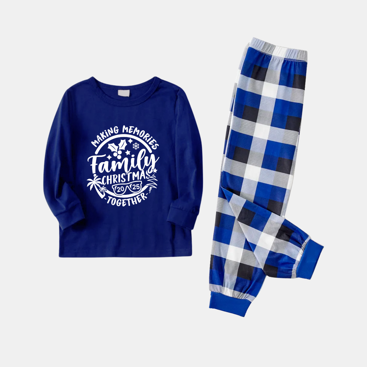 "2025 Family Christmas Making Memories Together" Printed Blue and White Plaid Family Matching Pajamas