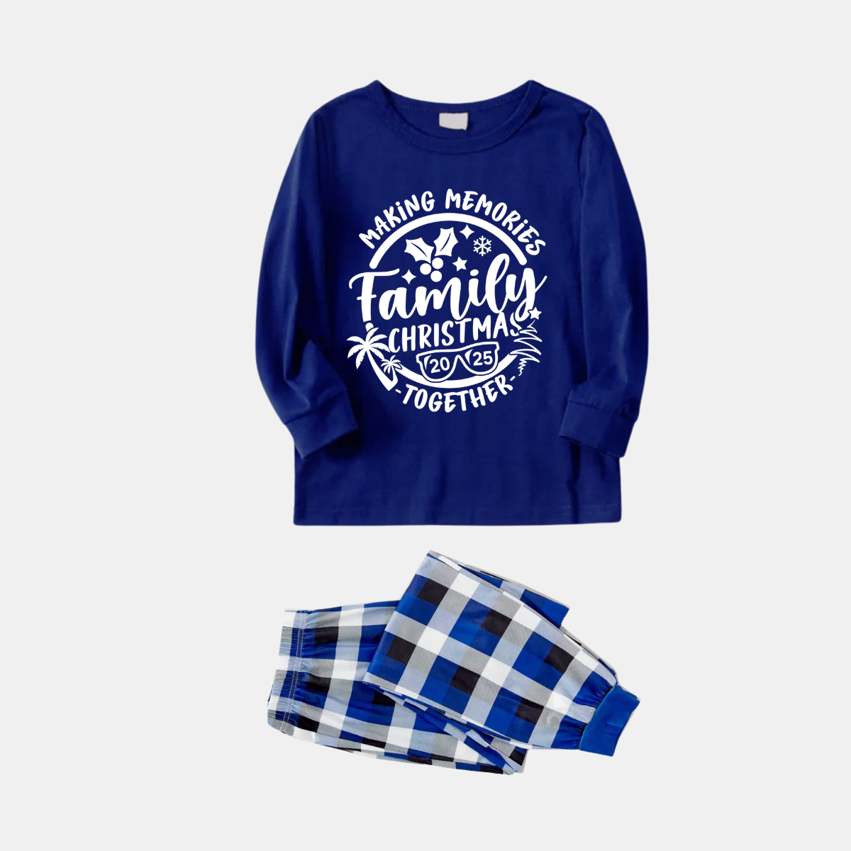 "2025 Family Christmas Making Memories Together" Printed Blue and White Plaid Family Matching Pajamas